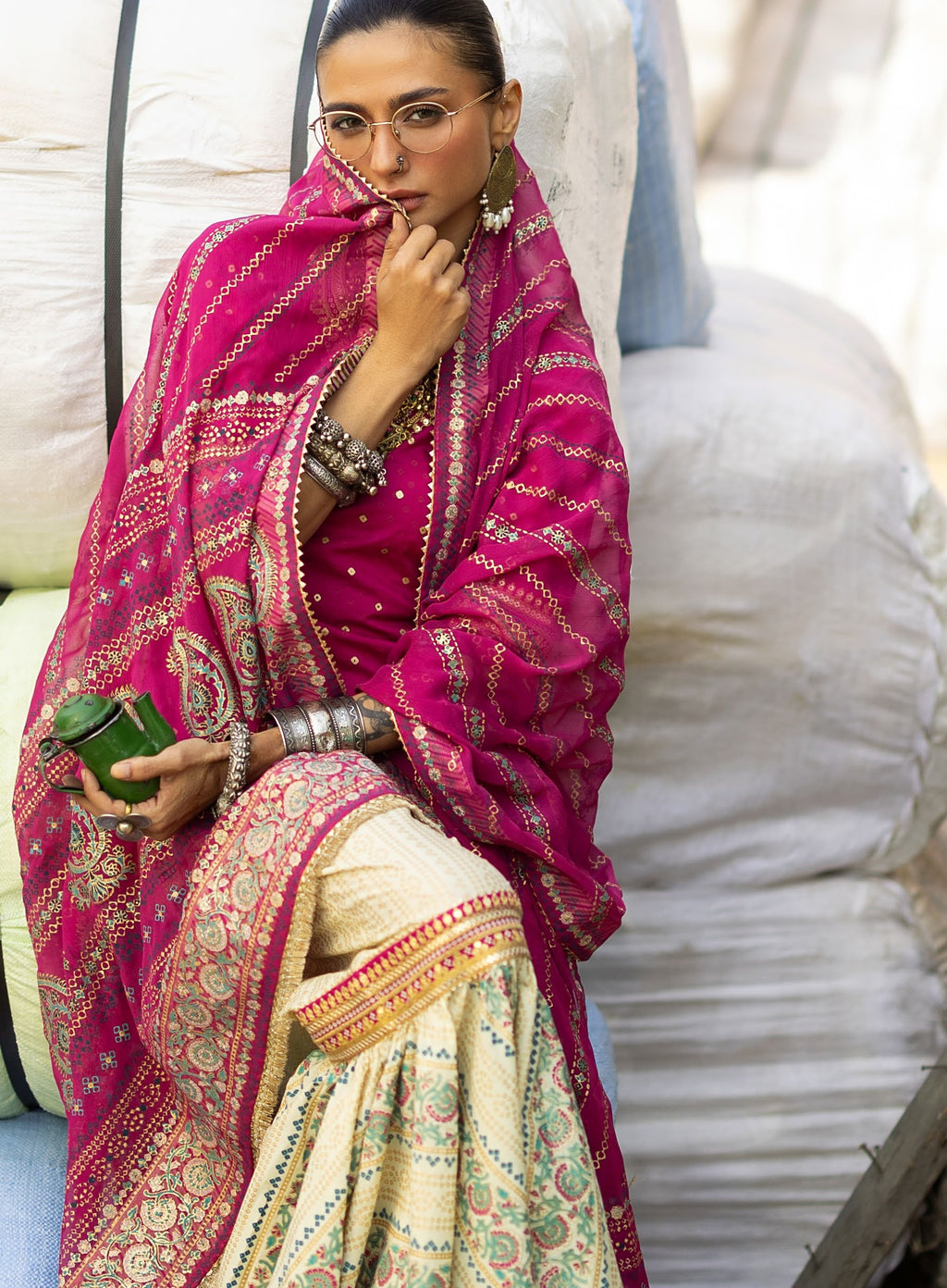 GulAhmed Chunri Luxury Chiffon Gharara 3 Piece Suit