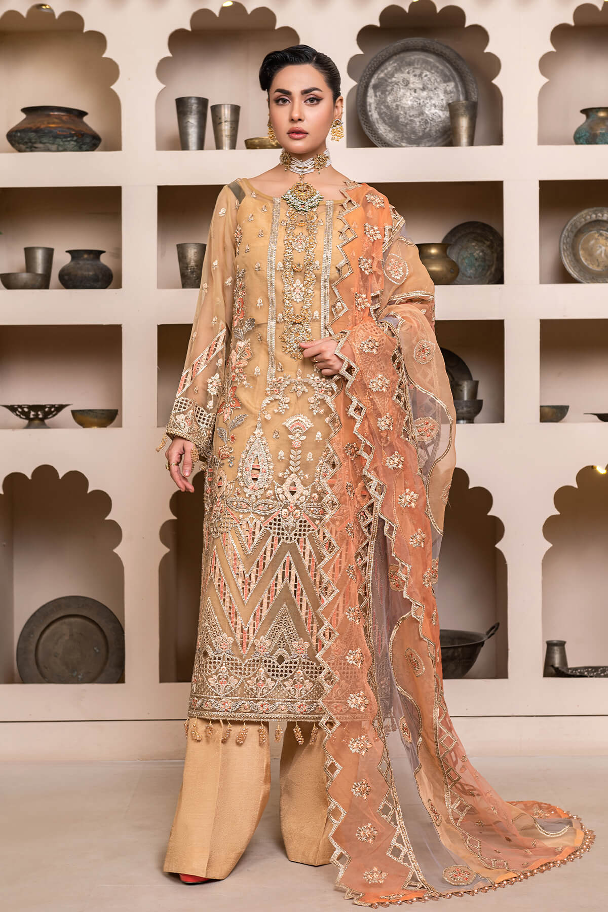 JJ EMBELLISH BY JANIQUE LUXURY EMBROIDERED UNDTITCHED SUIT D-003 Evening Gold