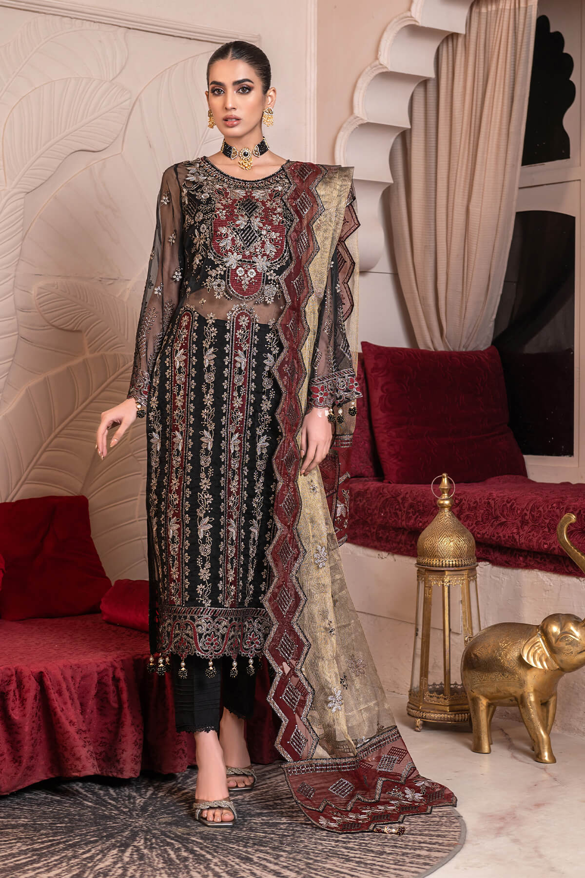 JJ EMBELLISH BY JANIQUE LUXURY EMBROIDERED UNDTITCHED SUITD-006 Black Frescoe