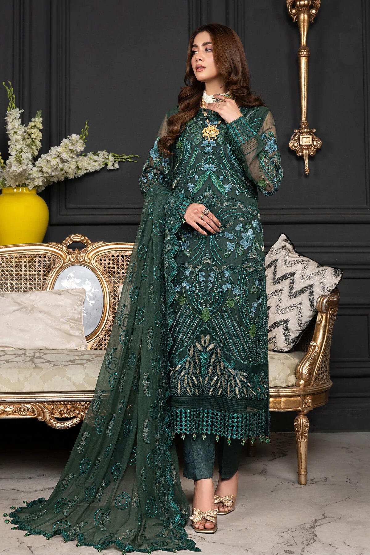 JANIQUE LUXURY CHIFFON UNSTITCHED SUIT D-012 Emerald