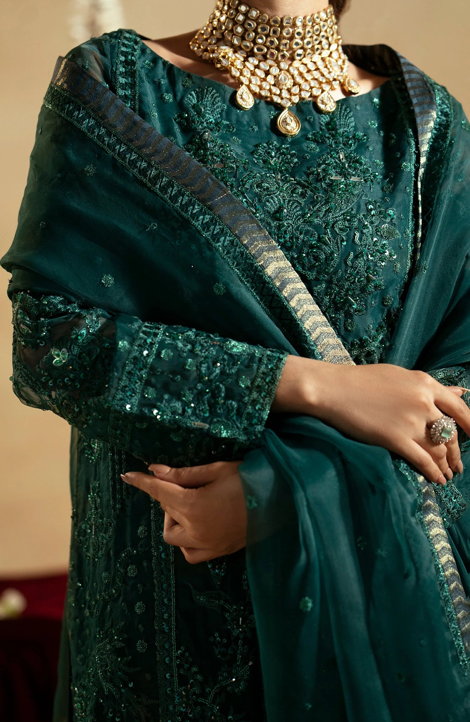 Maryum & Maria Zamani Begum Embroidered Organza Unstitched 3Pc Suit Emerald-(MW23-516)