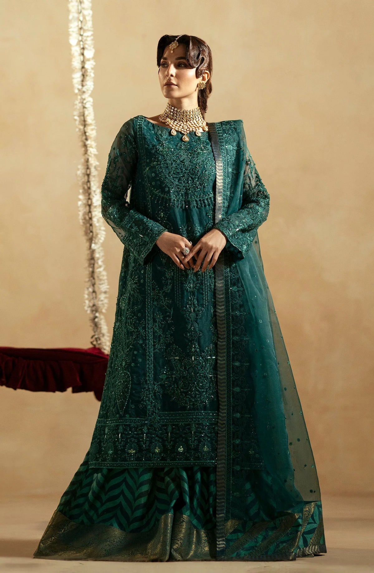 Maryum & Maria Zamani Begum Embroidered Organza Unstitched 3Pc Suit Emerald-(MW23-516)
