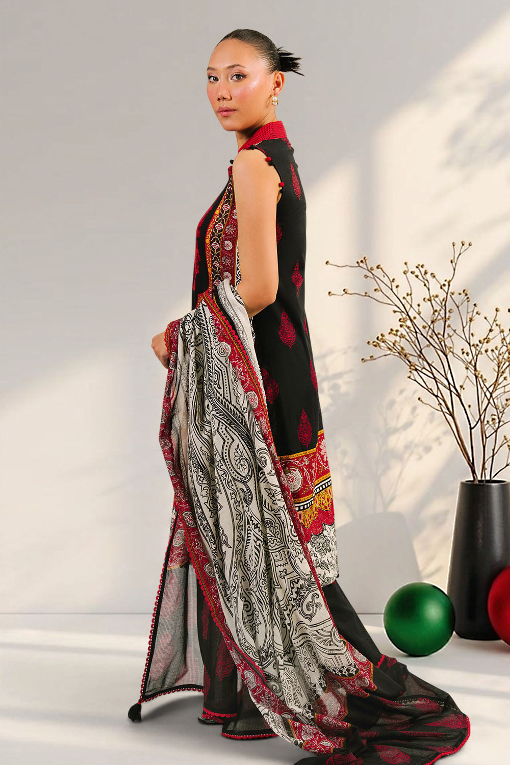 3 Piece Embroidered Printed Cotton Suit with Printed Denting Lawn Dupatta