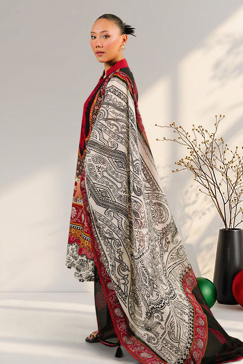 3 Piece Embroidered Printed Cotton Suit with Printed Denting Lawn Dupatta