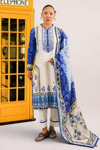 3 Piece Embroidered Printed Cotton Suit with Printed Denting Lawn Dupatta