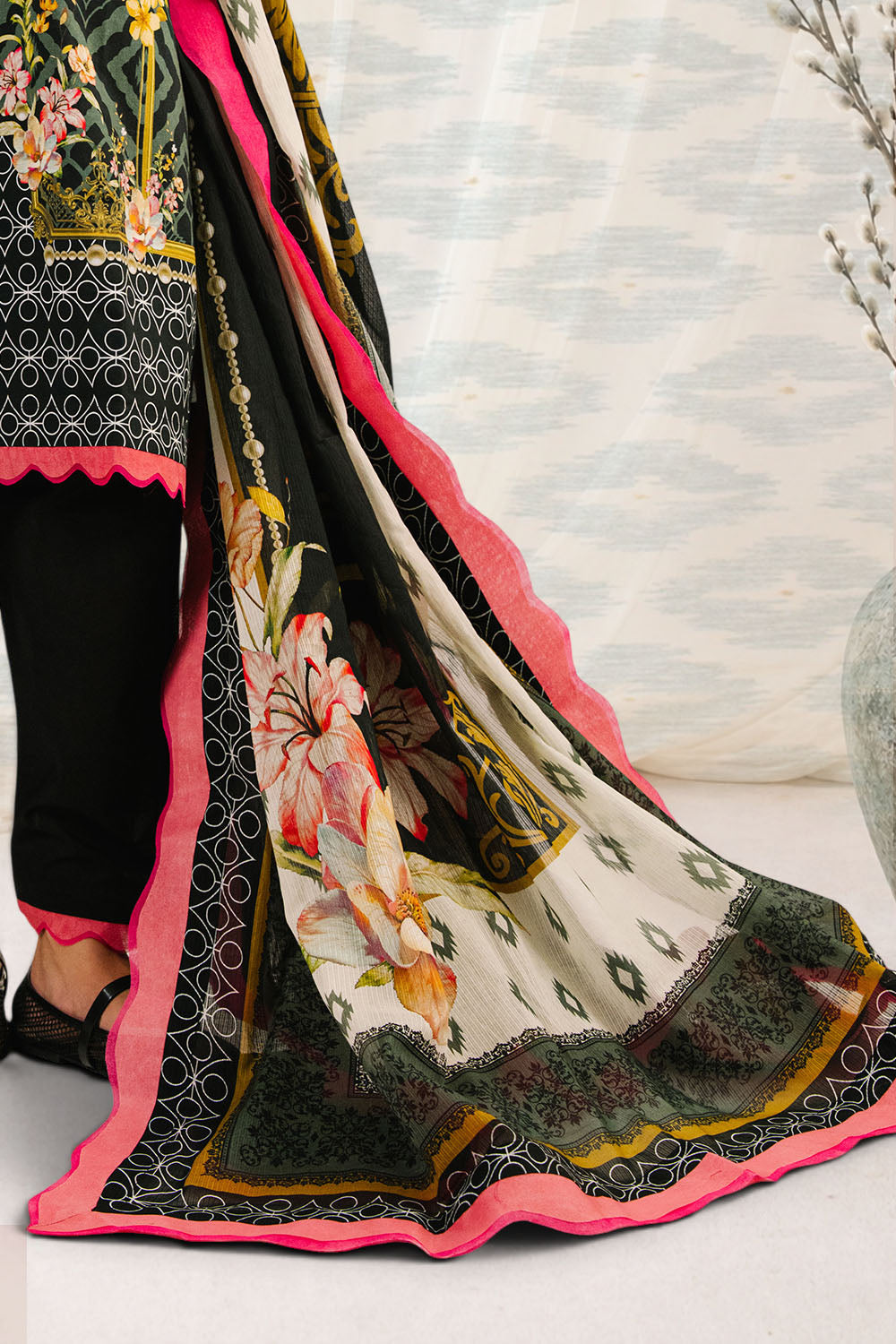 3 Piece Printed Cotton Suit with Printed Denting Lawn Dupatta and Embroidered Neckline