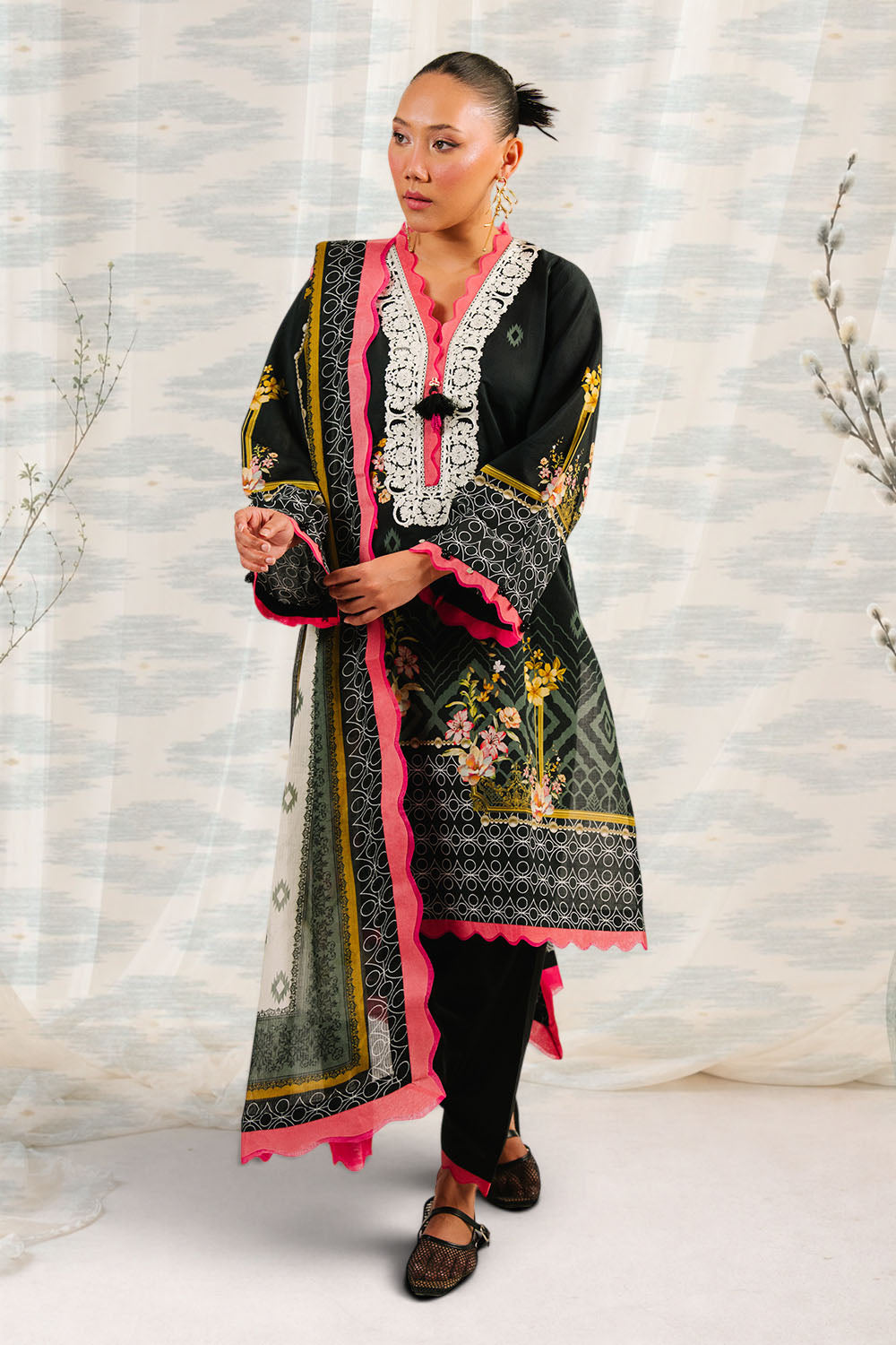 3 Piece Printed Cotton Suit with Printed Denting Lawn Dupatta and Embroidered Neckline