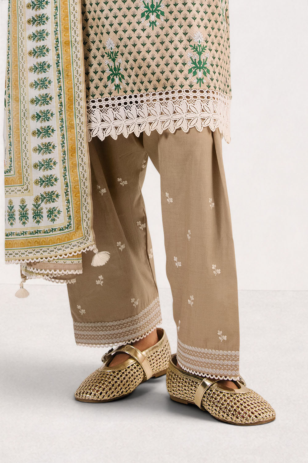 3 Piece Printed Cotton Suit with Printed Denting Lawn Dupatta and Embroidered Neckline and Embroidered Trouser