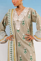 3 Piece Printed Cotton Suit with Printed Denting Lawn Dupatta and Embroidered Neckline and Embroidered Trouser