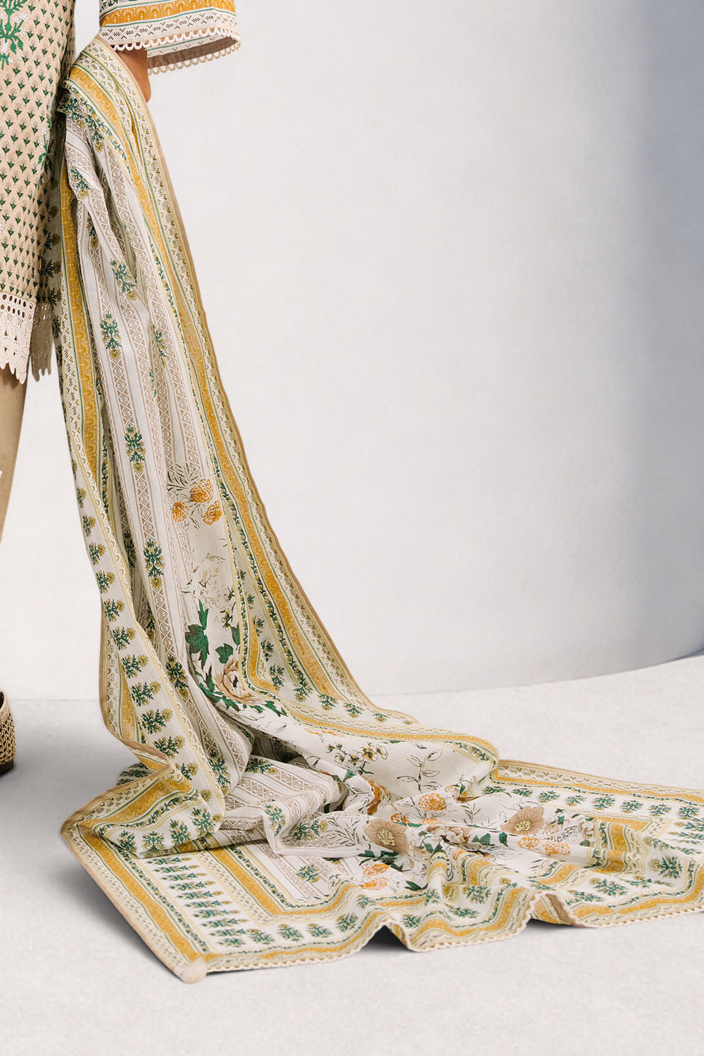 3 Piece Printed Cotton Suit with Printed Denting Lawn Dupatta and Embroidered Neckline and Embroidered Trouser
