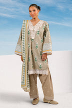 3 Piece Printed Cotton Suit with Printed Denting Lawn Dupatta and Embroidered Neckline and Embroidered Trouser