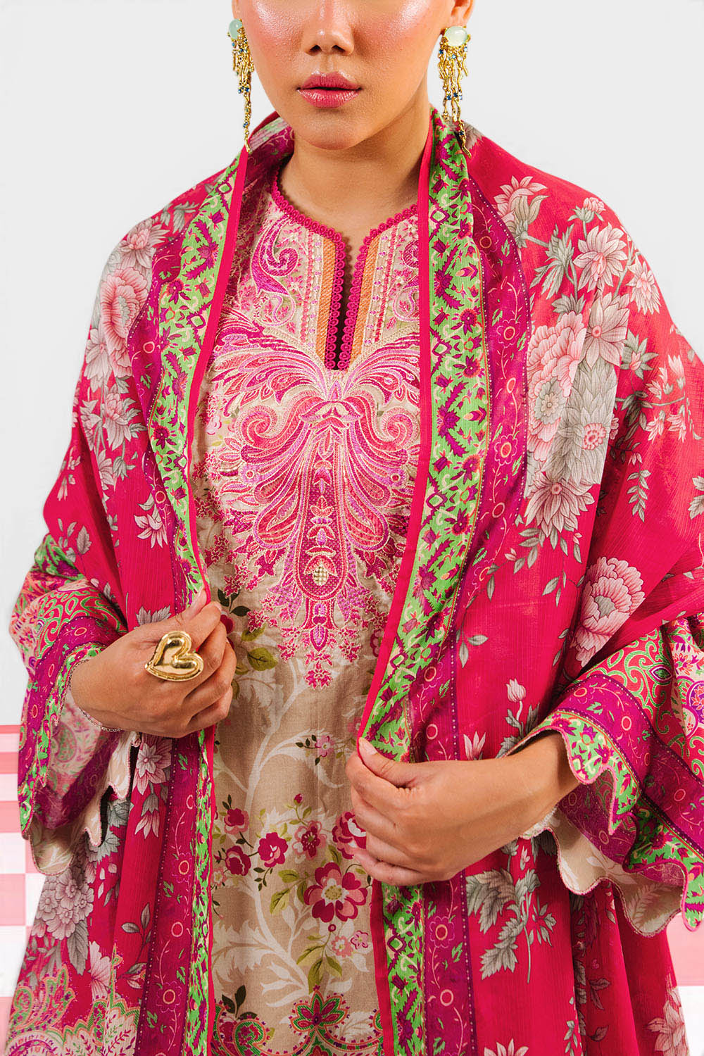 3 Piece Printed Cotton Suit with Printed Denting Lawn Dupatta and Embroidered Neckline