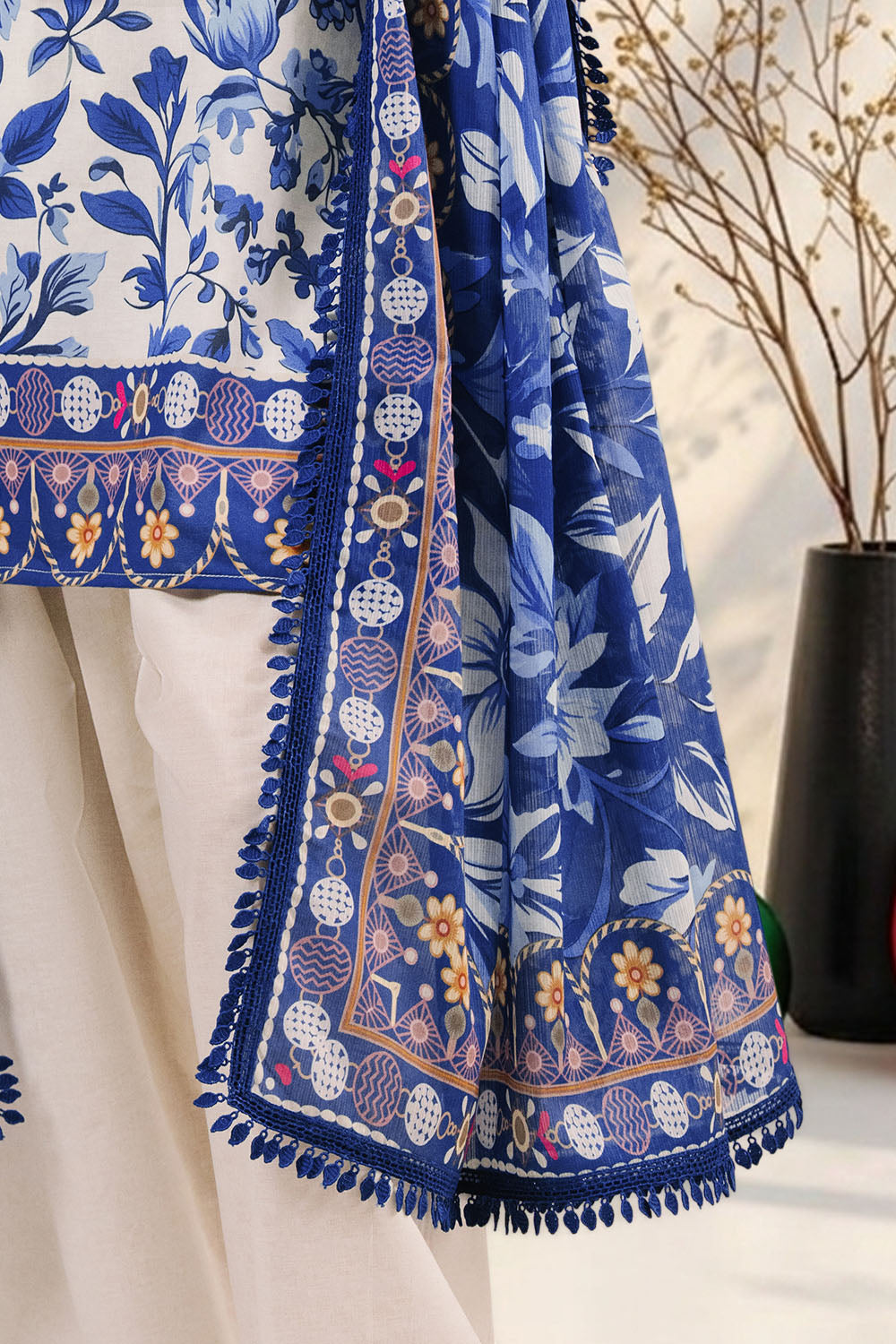 3 Piece Printed Cotton Suit with Printed Denting Lawn Dupatta and Embroidered Neckline