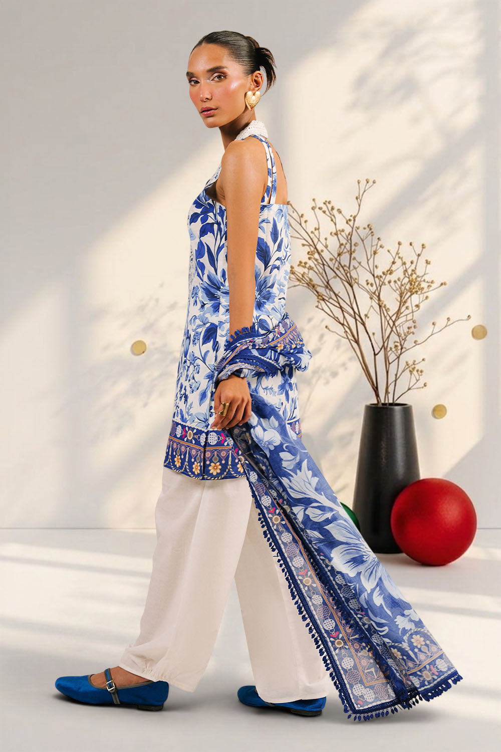 3 Piece Printed Cotton Suit with Printed Denting Lawn Dupatta and Embroidered Neckline