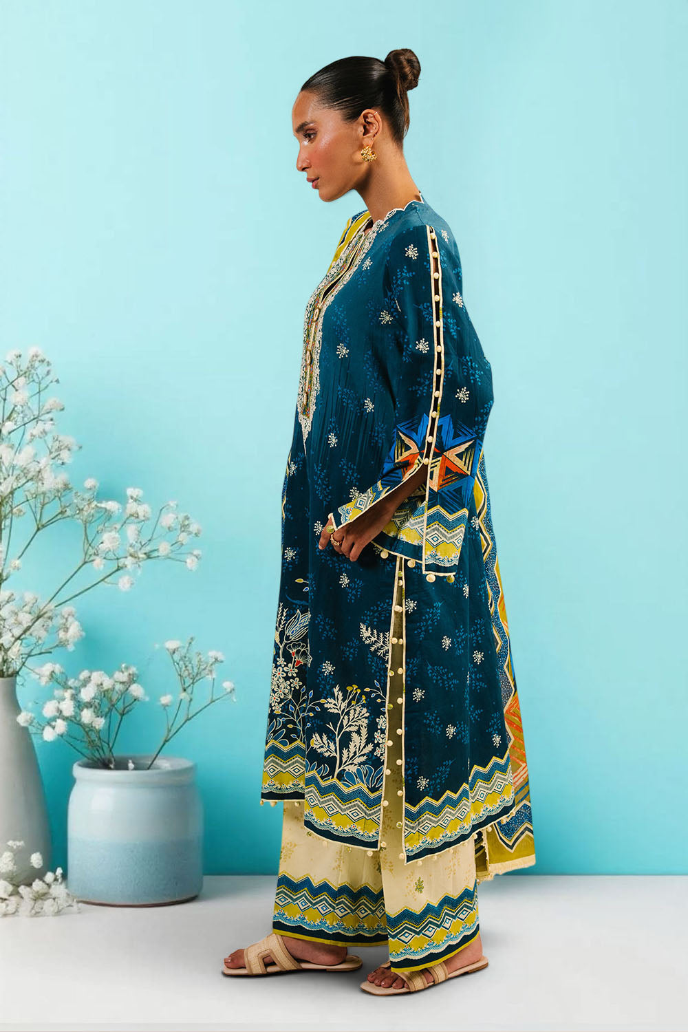 3 Piece Printed Cotton Suit with Printed Denting Lawn Dupatta and Embroidered Neckline