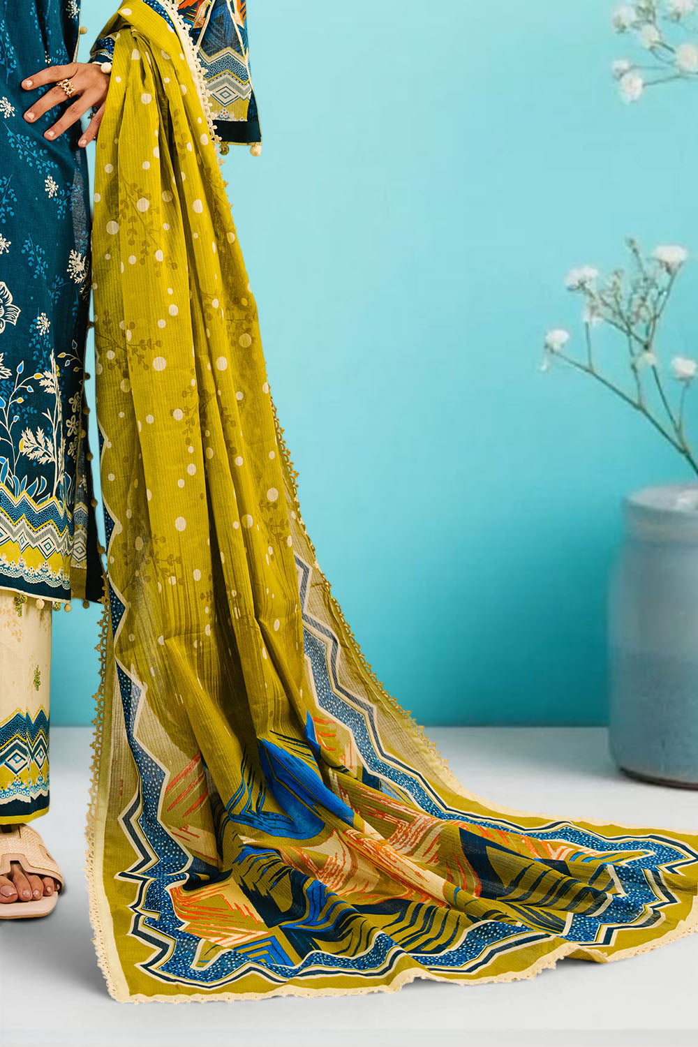 3 Piece Printed Cotton Suit with Printed Denting Lawn Dupatta and Embroidered Neckline