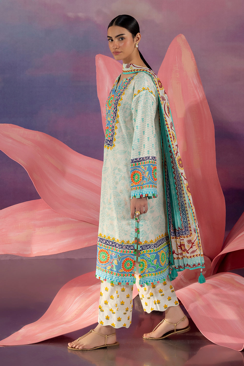 3 Piece Embroidered Printed Cotton Suit with Printed Lawn Dupatta and Printed Trouser