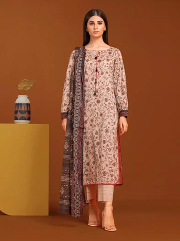 Edenrobe Printed Khaddar 3pc Unstitched Suit Beige EWU23A3-27166