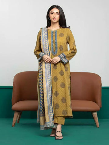 Edenrobe Printed Khaddar 3pc Unstitched Suit Mustard EWU23A3S-27606