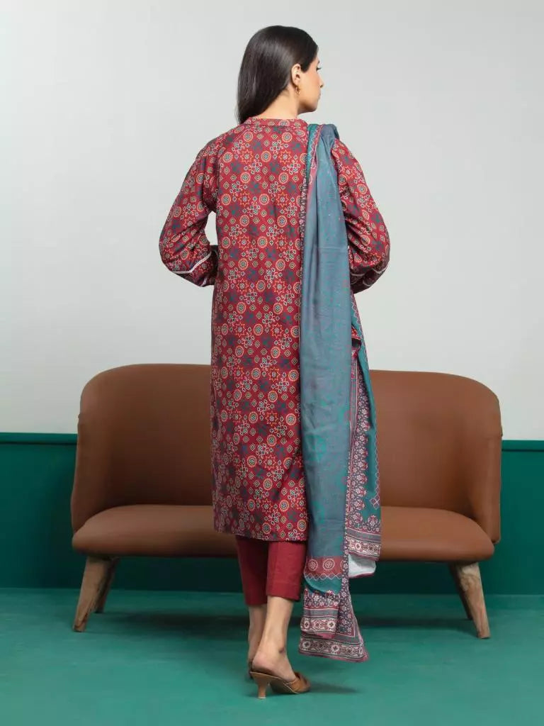 Edenrobe Printed Khaddar 3pc Unstitched Suit Deep Pink EWU23A3S-27609