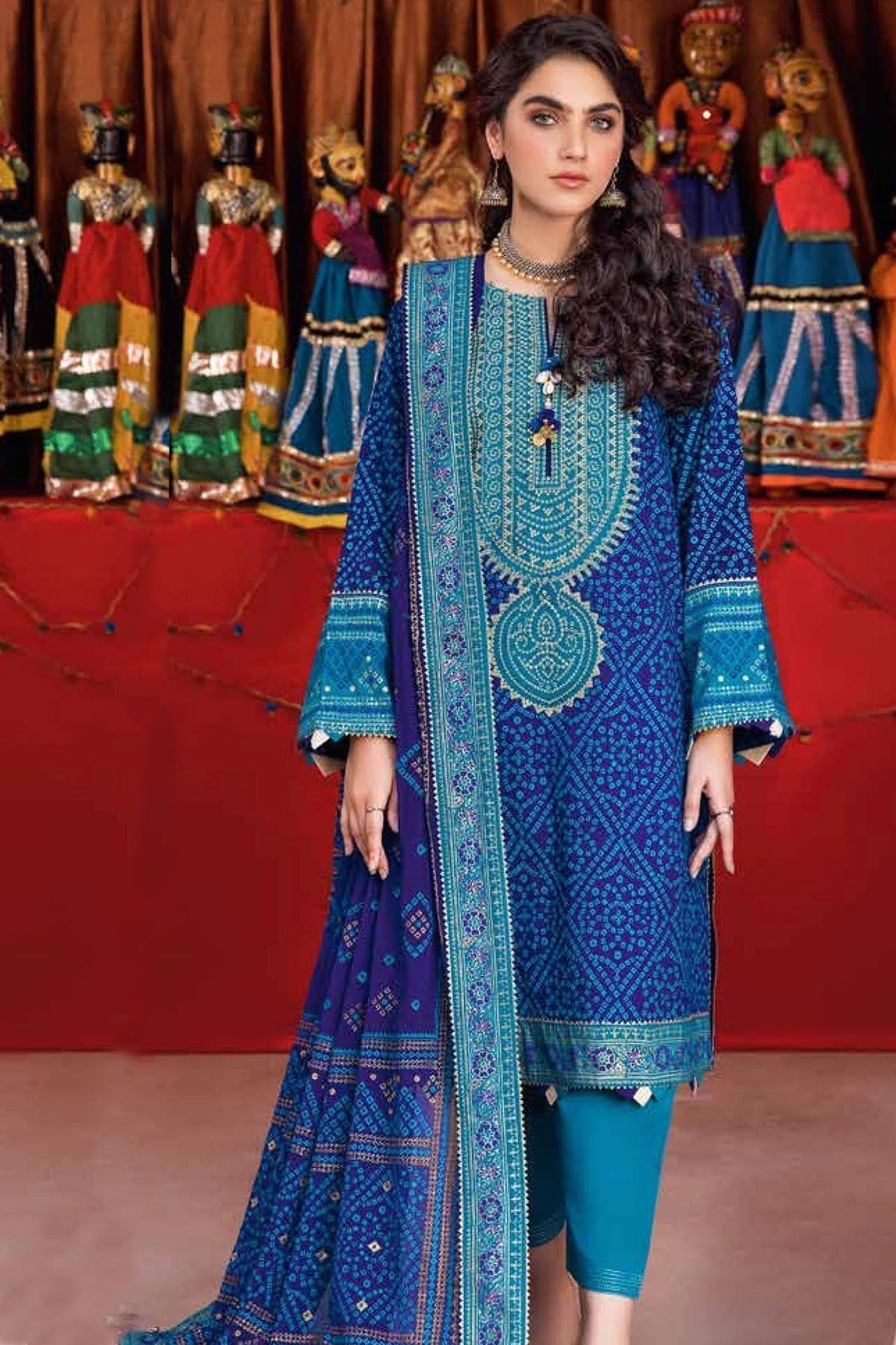 3PC Embroidered Chunri Lawn Unstitched Suit With Chiffon Gold and Lacquer Printed Dupatta