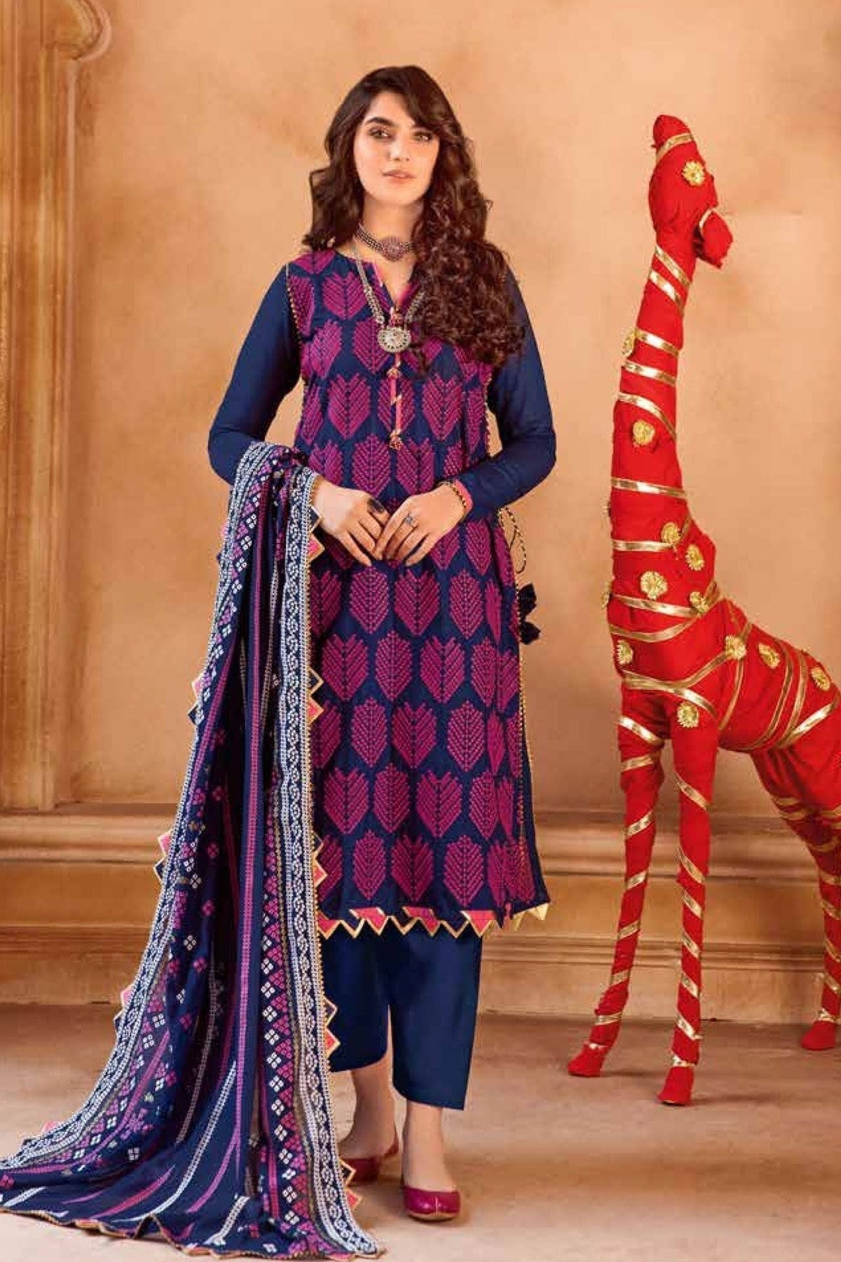 3PC Embroidered Chunri Lawn Unstitched Suit With Gold And Lacquer Printed Lawn Dupatta